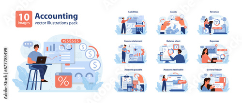Accounting set. Professionals navigating finance realms. Liabilities, assets, and revenue insights. Balance sheet, expenses, and general ledger explorations. Flat vector illustration.