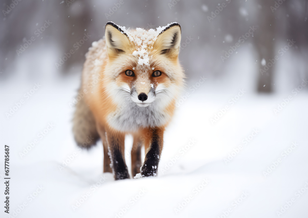 red fox walking through the snow in a forest