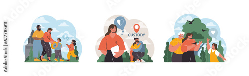 Family Dynamics Set. A series highlighting integration within a family, a mother pondering custody decisions, and the joy in a loving foster family environment. Flat vector.
