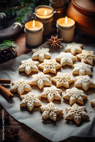 Christmas cookies on a wooden table with christmas decoration 