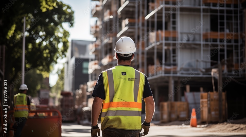 builder in a vest and helmet walks against the background of construction and unfinished buildings