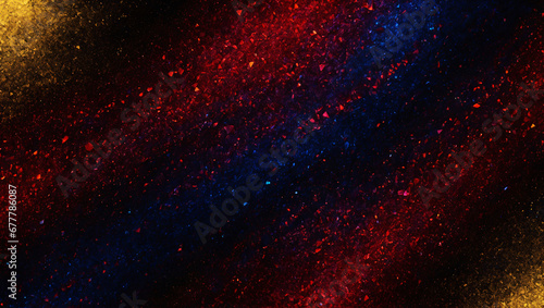 A dynamic Ruby Red Sapphire Blue Gold glowing grainy gradient background with a deep black noise texture, perfect for a poster, header, or banner design. © necrobs