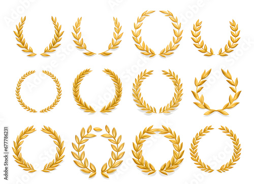  a set of vintage gold laurel leaf wreaths on white background