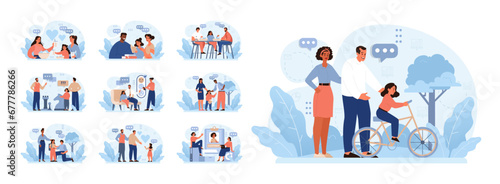 Modern Family Dynamics set. A collection showcasing diverse family structures, including gay couples, step-parents, and blended families. Moments of love, challenges, and unity. Flat vector.