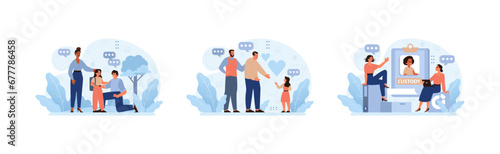 Modern Family Dynamics set. A step-parent bonds with a child, a loving gay couple raises their daughter, a mother seeks custody. Embracing diverse family structures. Flat vector illustration.
