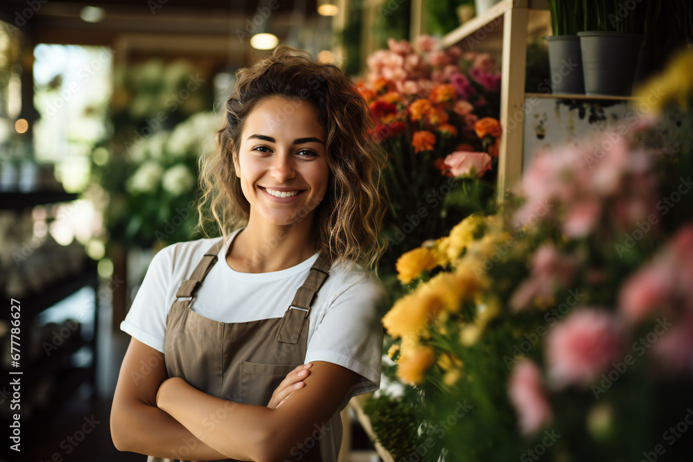 Portrait of happy woman standing in her flower shop,ai generated