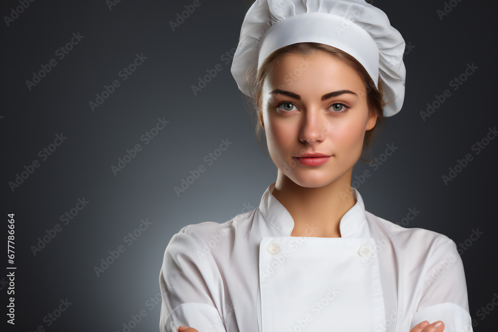 Portrait of a female chef isolated on gray background,copy space,ai generated Portrait of a female chef isolated on gray background,copy space,ai generated