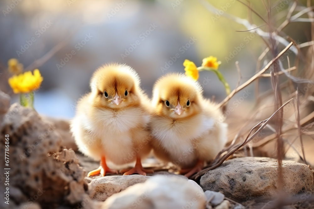 two cute baby easter chick in nature,ai generated
