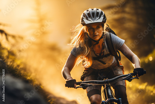 Young woman riding bicycle on mountain trail,ai generated