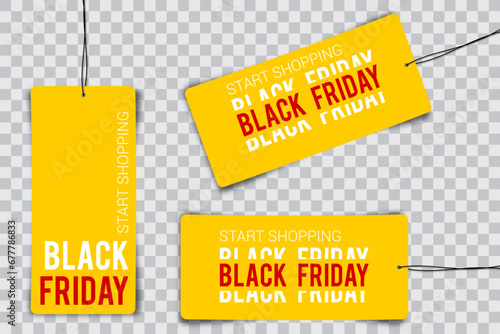 Black friday tag rectangular banner and the rope hanging on transparent background