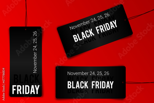 Black friday tag rectangular banner and the rope hanging on transparent background