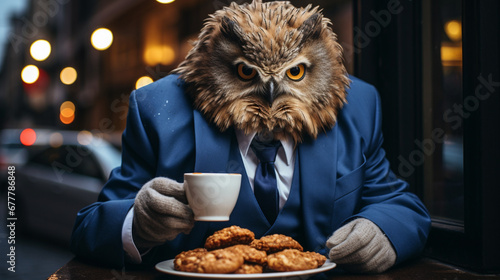 A funny owl in a business suit drinks coffee in a cafe. Generative AI