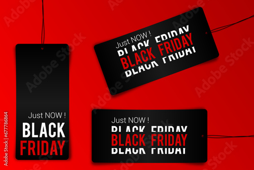 Black friday tag rectangular banner and the rope hanging on transparent background