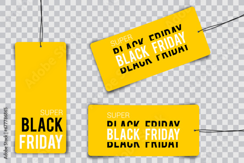 Black friday tag rectangular banner and the rope hanging on transparent background