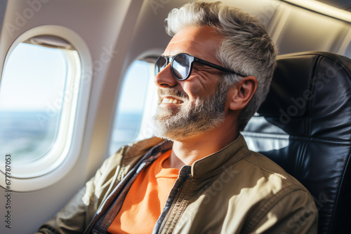 Happy mature man traveling in airplane,ai generated