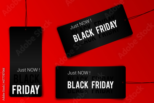 Black friday tag rectangular banner and the rope hanging on transparent background