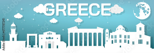 Landmarks of Greece Design like a white paper cutout placed on a blue background at night, vector illustration.