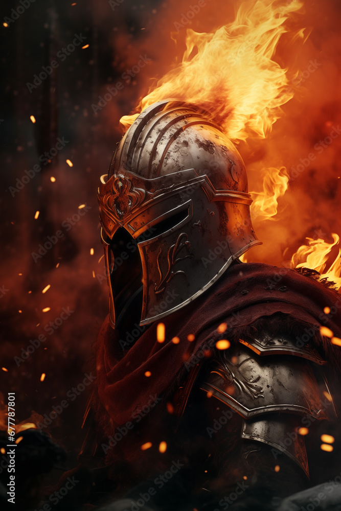 Fiery Warrior - Helmet in the Flames - Fantasy medieval knight in fire and smoke