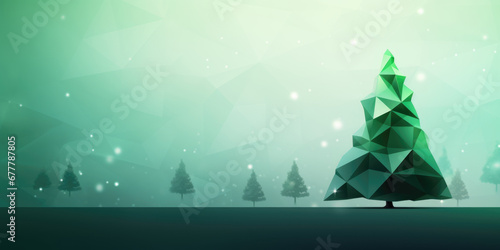 polygonal light green christmas background with triangle christmas tree ornamental, christmas banner with free copy space for text