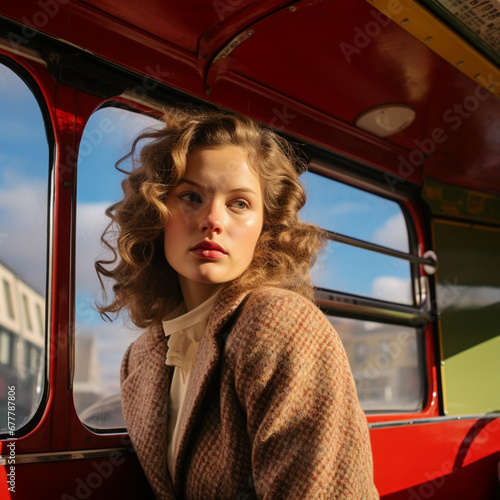 Woman on a double decker bus in London.