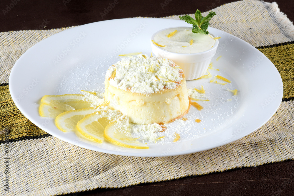 sweet dessert condensed milk with chocolate and fruits ganache pudding