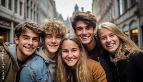 Retrato de sonrientes jovenes de 20 años. Amigos paseando juntos por calles europeas. photo