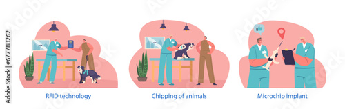 Isolated Vector Elements With Vet Doctor Characters Carefully Inserts A Tiny Microchip Implant Into The Animal Skin