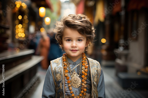 Portrait of a charming boy in traditional ethnic clothing with beads, smiling on a bustling city street.