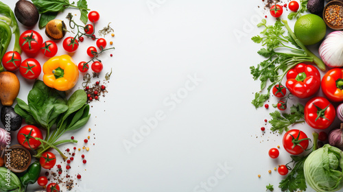 Kitchen border frame with different vegetables on isolated white background. Copy space. Generative AI