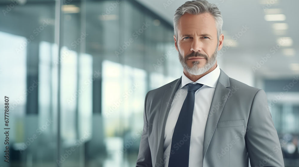 Portrait of a successful middle-aged businessman in an elegant gray business suit standing in his office Portrait of a successful middle-aged businessman in an elegant gray business suit standing in his office