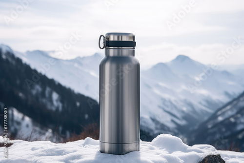 Grey metal camping vacuum flask in winter mountains. Thermo cup for hot drinks, free space for text photo