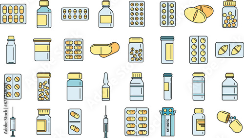 Antibiotic drug icons set. Outline set of antibiotic drug vector icons thin line color flat on white