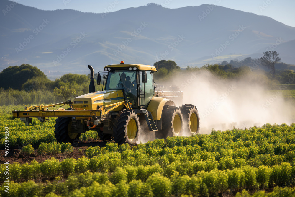 Fototapeta premium A tractor cultivating a lush green farm field with mountains in the background on a sunny day.