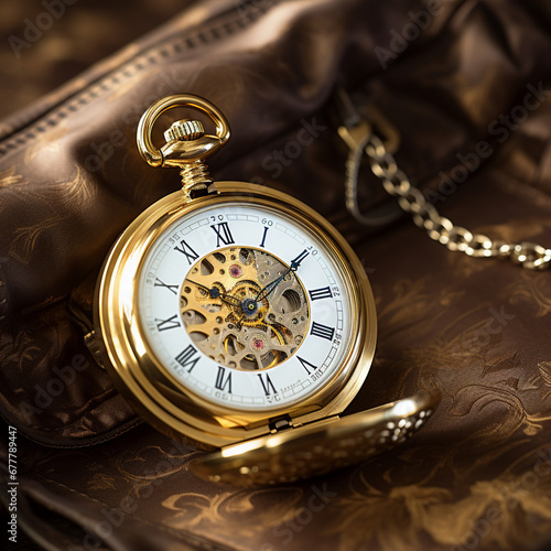 Vintage gold pocket watch on an open old book. generative ai.