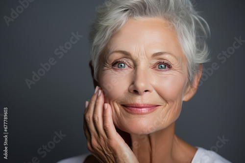 Beauty portrait of an attractive sensual mature woman with gray hair over gray background