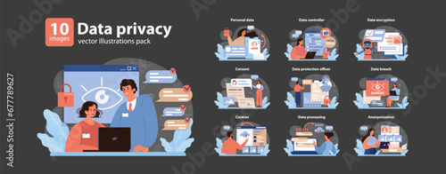Data privacy set. Modern safeguards in digital landscape. Personal data management, encryption techniques, and security measures. Navigating online threats. Data protection essentials. Flat vector