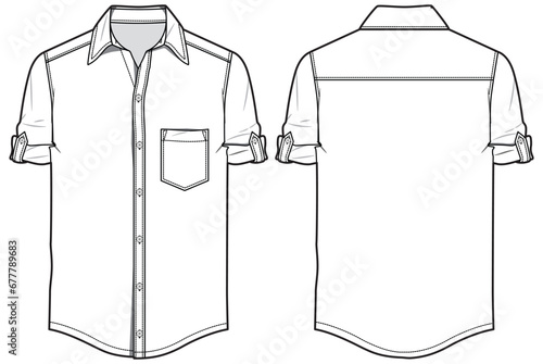 Men's long sleeves casual shirt with sleeve tab design flat sketch illustration cad drawing, shorts sleeve Woven shirt fashion illustration template mock up