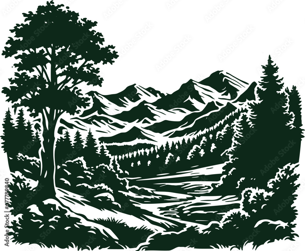 Monochromatic vector depiction of the stunning mountainous nature, an art piece crafted in Illustrator