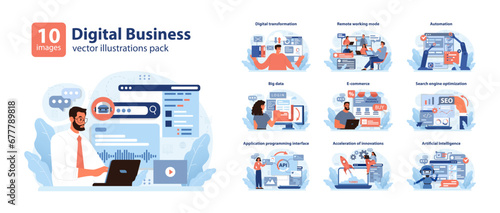 Digital Business set. Modern corporate scenarios from automation to AI. Tech-driven workflow efficiency, online commerce growth. Flat vector illustration.