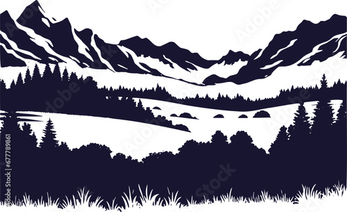 An artful monochrome vector portrayal of the picturesque mountain scenery in Illustrator