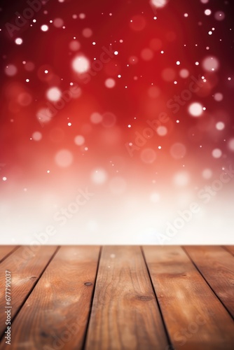 Wooden background with snow and red lights  in the style of spectacular backdrops