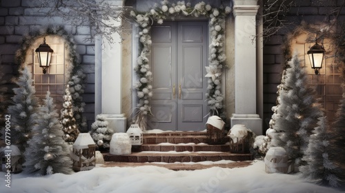  a house decorated for christmas with wreaths and lights on the front door and steps leading up to the front door. © Anna