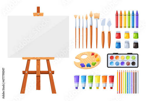An Artist Set Includes Paints, Brushes, Canvas, Easels, And Palette with Knives and Tubes, Providing Tools