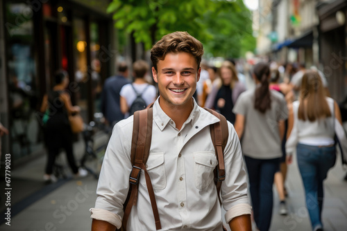 A cheerful young man with a backpack smiling as he walks through a busy city street on a sunny day.
