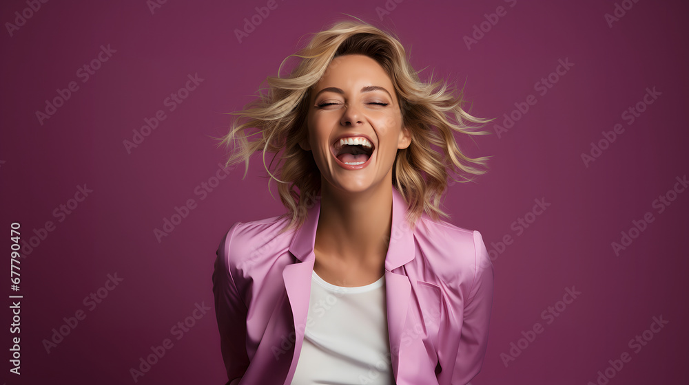 Portrait of a happy young businesswoman laughing on a purple background Portrait of a happy young businesswoman laughing on a purple background