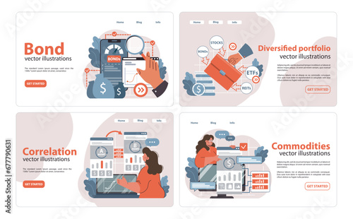 Investment Themes set. Engaging visuals of financial instruments. Bond, diversified portfolio, correlation, commodities. Flat vector illustration