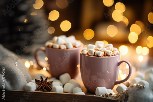 Winter lifestyle with cup of hot cocoa with marshmallows with bokeh on the background