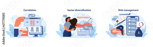 Investment strategy set. Analyzing asset correlation, embracing sector diversification, and executing risk management. Professionals ensuring financial growth. Flat vector illustration