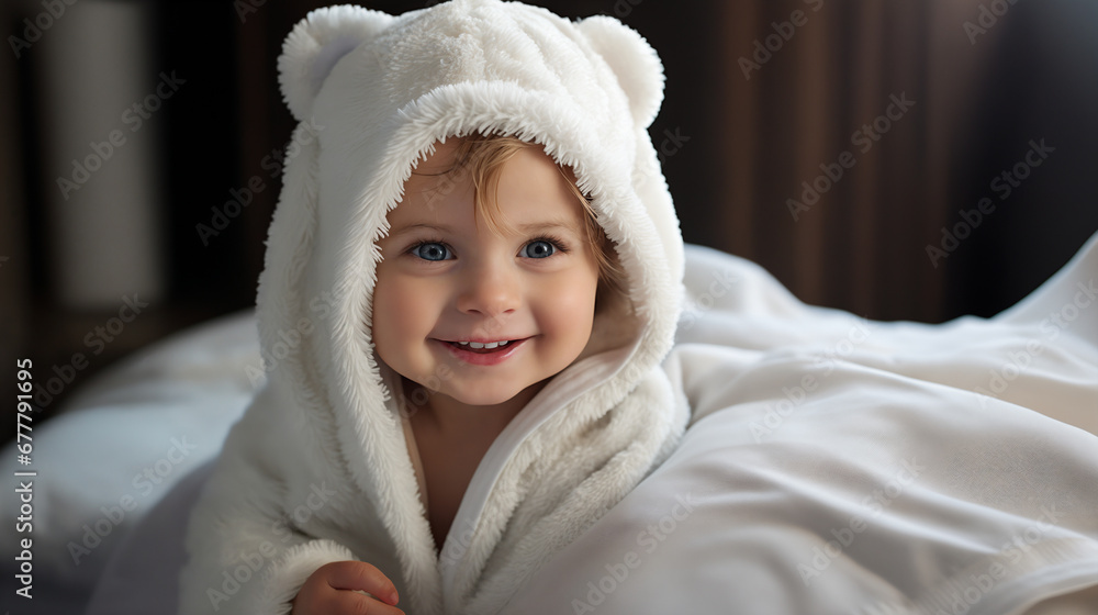 Obraz premium Smiling little baby in a white towel on the bed at home. AI Generative