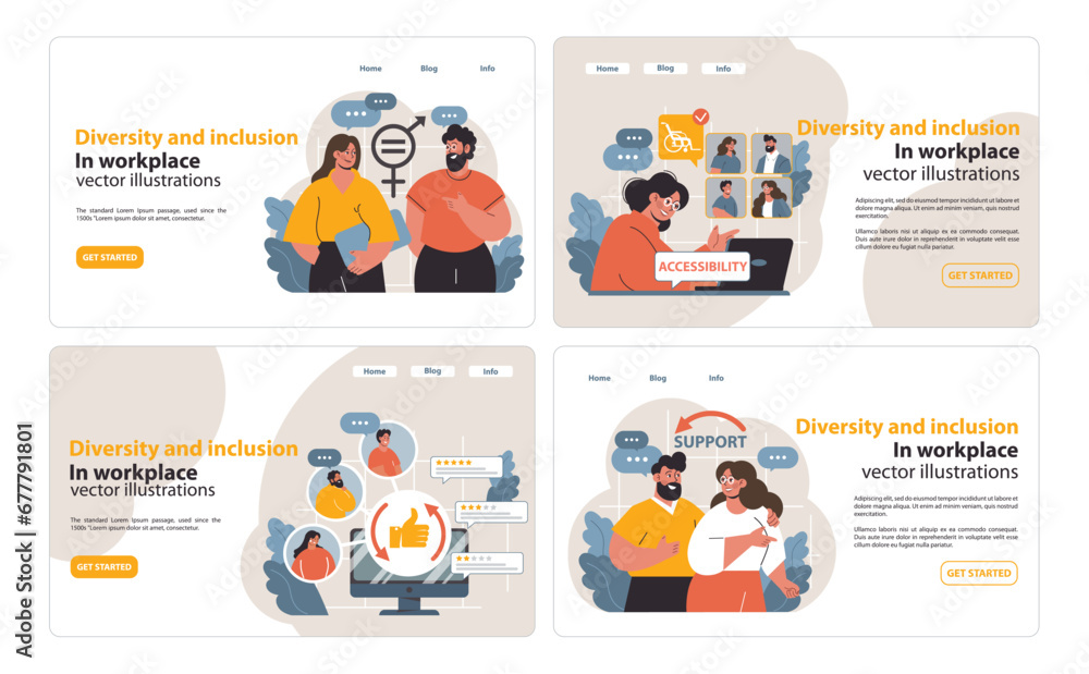 Diversity and Inclusion set. Colleagues unite for equality. Collaborative teamwork, accessibility focus, workplace support. Celebrating differences. Flat vector illustration